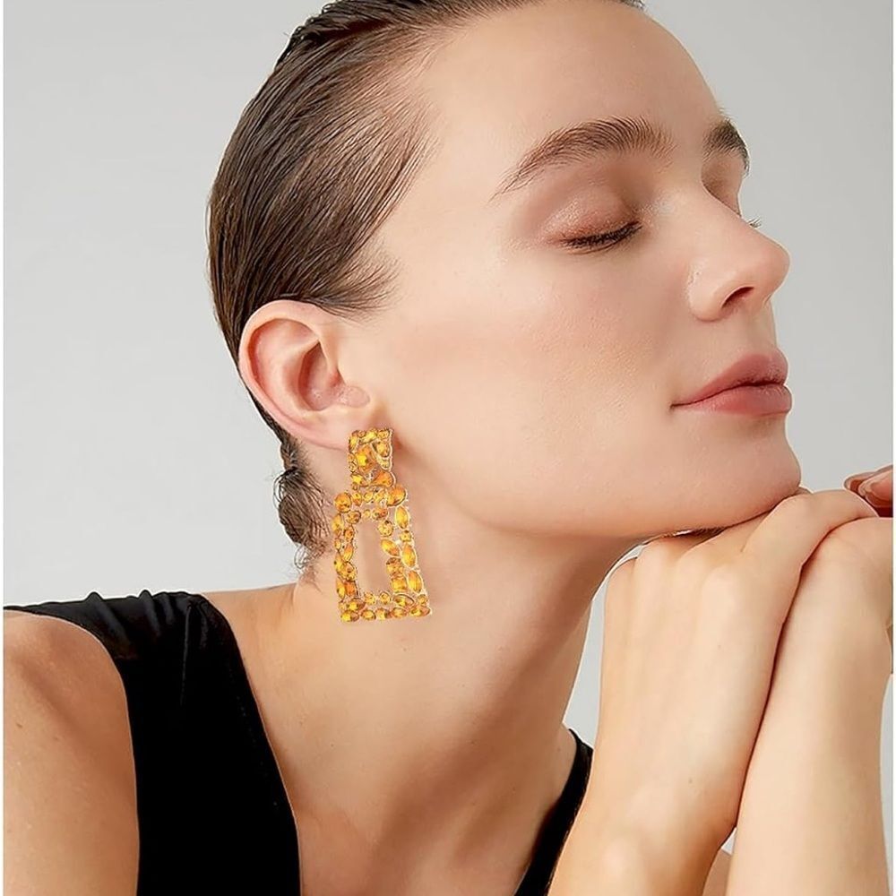 Yellow Gold with Orange Citrine Crystal Geometric Rectangle Post Back Earrings - Picture 5 of 6